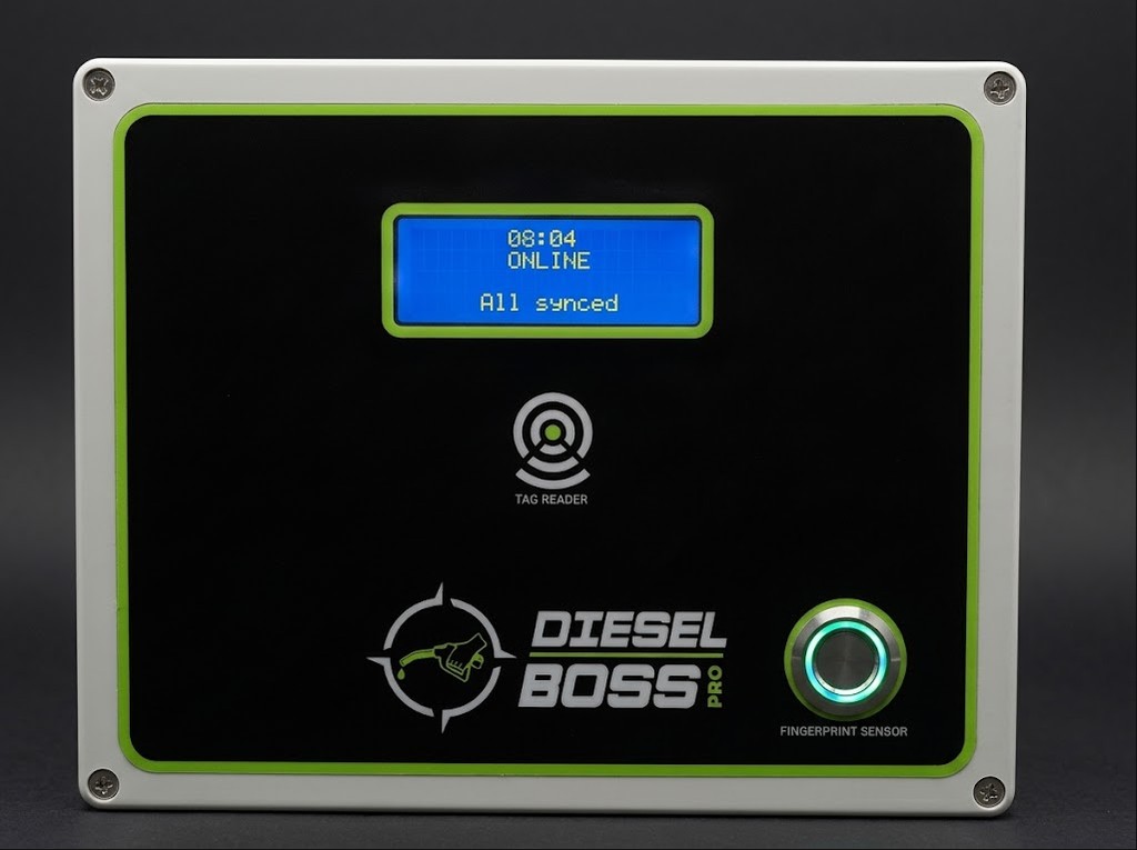 The Diesel Boss control unit: screen, tag reader and fingerprint sensor