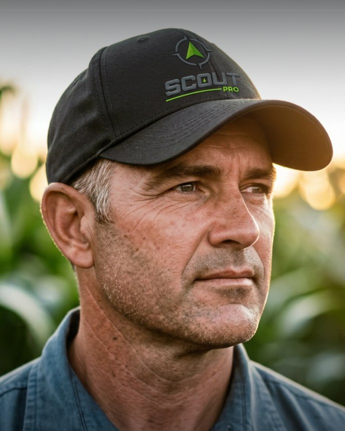 A farmer in a Scout Pro cap, standing in a maize land